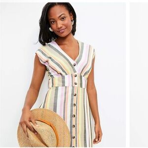 LOFT Yellow Pink Sleeveless V-Neck Sundress 14 Button Front Casual Dress